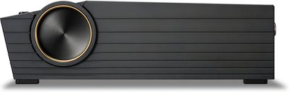 Předzesilovač sluchátek Astell&Kern ACRO CA1000T černý, pohled zepředu, zlatý otočný knoflík na pravé straně