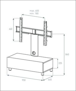 Obdélníkový černý TV stolek s kovovými nohami, 950 x 440 x 225 mm, maximální podpora TV 600 x 400 mm, Sonorous TRN1095-B-BLK-BLK