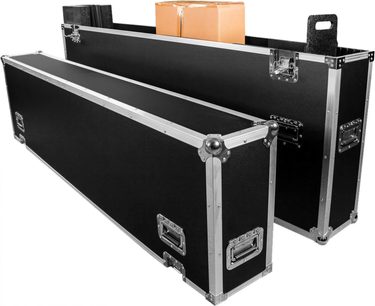 Svart, åpen flightcase for skjerm Power Acoustics Flight Ecran 75/85, med sølvfargede kanter og innfelte håndtak