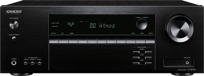 Onkyo TX-SR393 sort hjemmebiografsforstærker, set forfra, blå LED-skærm "00 Atmos", sølvfarvede knapper og drejeknapper