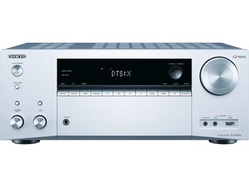 Onkyo TX-NR656 sølvfarvet hjemmebiograf-forstærker, frontvisning, blå skærm, sølvfarvede knapper og drejeknapper, HDMI- og audioporte