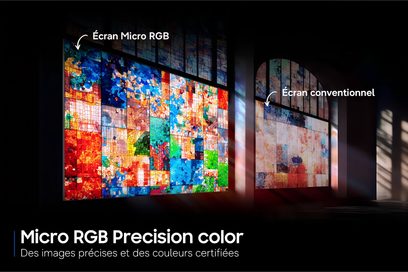 Televizor Samsung TMR65R85H 2026 ve srovnání s běžnou obrazovkou, panel Micro RGB s velmi živými barvami