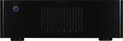 Rotel RMB-1512 sort effektforstærker, frontvisning, 8 kanaler, blå tændt strømknap