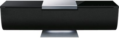 Onkyo ABX-100, rektangulær sort dockingstation med sølvfarvet front, set forfra
