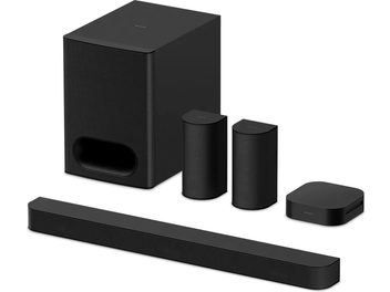 Sony Bravia Theatre System 6 Soundbar mit Subwoofer, 2 Satellitenlautsprechern, Gehäuse und Soundbar in Frontalansicht