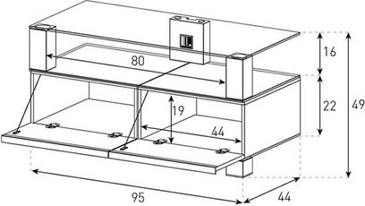 Tv-møbel i glas og metal med 2 hylder, 2 åbne rum, dimensioner i cm angivet på den tekniske tegning