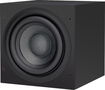 Bowers & Wilkins ASW608 sort subwoofer, nærbillede forfra, central rund højttaler med sort fiberkone i en mat sort kubisk kabinet