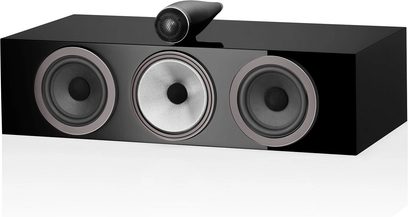 Bowers & Wilkins HTM71 S3 svart lakkert senterkanal, frontvisning, 3 runde høyttalere plassert horisontalt på rekke