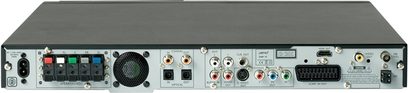 Jamo DMR70 juodas audio / vaizdo imtuvas, galinis vaizdas, viršutinis vaizdas, įvairūs audio ir vaizdo jungtys