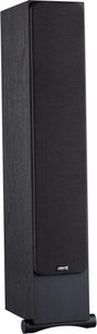 Davis Acoustics Ariane 7 sort højttaler i sort, trækasse med åremønster, stoffront, buet sokkel, set fra tre kvart
