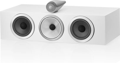 Witte center luidspreker Bowers & Wilkins HTM71 S3, 3 zwarte luidsprekers omrand met zilver, grijze microfoon