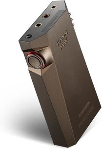 Astell&Kern Kann MAX brun audiofil musikafspiller, set forfra i perspektiv, brun metalkabinettet, skærm, drejeknap og knapper