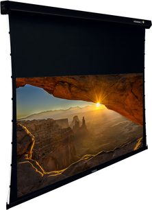 Lumene Coliseum Premium Acoustic 240C projekcinis ekranas, išskleidžiantis uolėto kraštovaizdžio su saulėlydžiu vaizdą