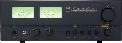 Ampli hi-fi intégré stéréo NAD C3030S noir, double vu-mètre vert, gros bouton de volume et commandes en façade