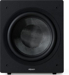 Svart Elipson Classic Sub 12 subwoofer sett forfra, med stort rundt høyttalerelement med teksturert membran uten gitter