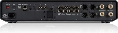 Cyrus 80 AMP, black integrated stereo amplifier, rear view with XLR inputs, HDMI eARC and speaker terminals