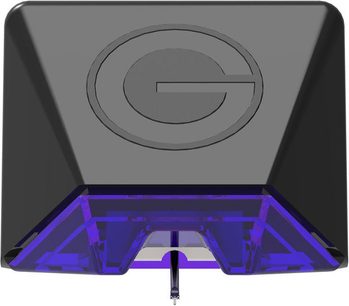 Frontvisning af Goldring E3 vinyl pladespiller, med blå translucent aluminiumsarm, mat sort base med indgraveret G-logo