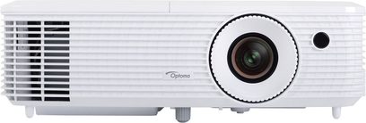 Optoma HD29 Darbee hvid videoprojektor set forfra, linse forskudt til højre, ventilationsgitter til venstre