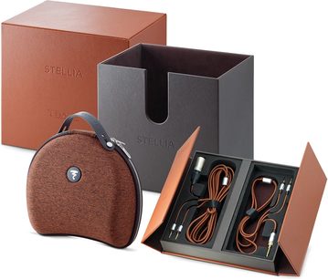 Lukket hi-fi hodetelefon Focal Stellia i brunt lær og mørk grå metall, med brun lærveske og kabler i svart boks