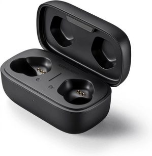 Sluchátka Astell&Kern AK UW100 černá, pohled zepředu v perspektivě, oválné pouzdra sluchátek, zakřivený oblouk