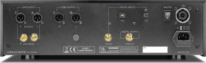 Gold Note CD‑1000 MKII CD-mängija, tagantvaade, must metall, XLR-väljundid (liin/toroid), RCA koaksiaalne sisend/väljund, USB‑B, IEC-pistik