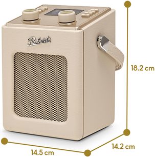 Altoparlante Roberts Mini 2, similpelle color crema, griglia metallica frontale, display e due manopole, maniglia laterale, vista 3/4 anteriore destra