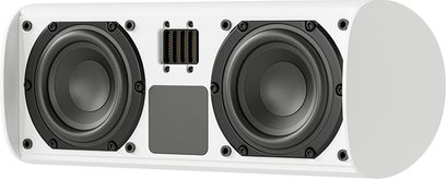Draadloze verbonden luidspreker Piega Ace Center Wireless wit, vooraanzicht, 2 zwarte ronde luidsprekers, 1 centrale tweeter