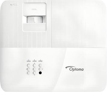 Videoprojektor Optoma UHD35STx v bílém plastovém provedení, pohled shora, zapuštěné kolečko ostření a horní ovládací panel s tlačítky