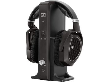 Sluchátka Sennheiser RS 185 černá, pohled zepředu mírně ze strany, oválné náušníky, polstrovaný hlavový most, integrovaný mikrofon