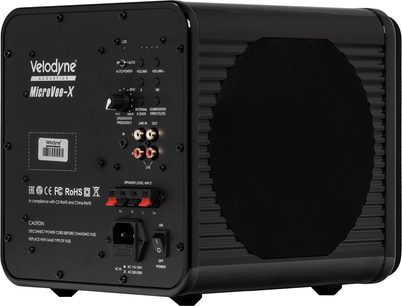 Velodyne MicroVee-X sort subwoofer set bagfra i trekvart vinkel med indstillingspanel og sort sidegitter