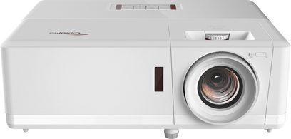 Optoma UHZ50 hvid videoprojektor, set forfra, linse til højre, ventilationsriste, knapper på toppen