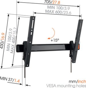 Vægmonteret TV-beslag i sort med minimums- og maksimumdimensioner i mm/tommer, monteringshuller og vippevinkel på +15°