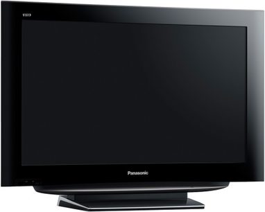 Sort Panasonic TX-37LZD81 fladskærms-tv, skærm slukket, let skråt forfra-perspektiv, stående på foden