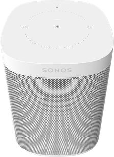 Trådløs, tilsluttet Sonos One (Gen 2) højttaler i mat hvid, set forfra, med metalrist og berøringsknapper på toppen