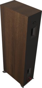 Klipsch RP-6000F II walnut floorstanding speaker 2022 edition rear 3/4 view, dark grained wooden cabinet