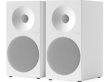 Dwa białe kolumny głośnikowe Tangent Spectrum II X5, widok 3/4 z przodu, metalowe kratki, okrągłe głośniki