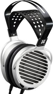 Cuffie hi-fi aperte Shangri-La jr, archetto e padiglioni neri, griglia metallica traforata sui padiglioni auricolari, cuscinetti ovali grigio chiaro
