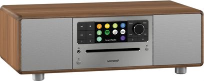 Radio Sonoro Prestige in noce - argento, legno e metallo, frontale argentato, schermo a colori, pulsanti e manopole di controllo
