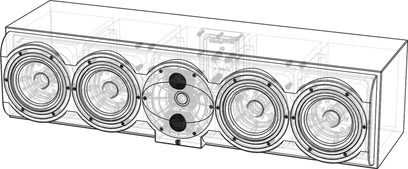 Perlisten S7c center speaker, perspective view, transparent rectangular enclosure, 4 circular drivers, 1 oval tweeter