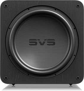 SB17-Ultra R|Evolution subwoofer, set forfra, sort kvadratisk kabinet, centralt cirkulært højttaler, SVS-logo synligt
