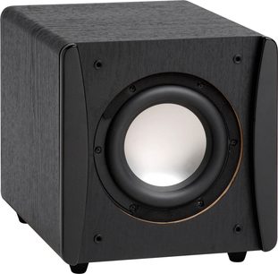 Velodyne Impact Mini sort subwoofer, set forfra, kubisk form, central rund højttaler, mørk træfinish
