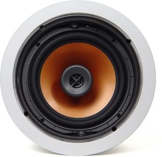 Rund hvid indbygningsvenlig Klipsch CDT-3800-C højttaler med orange midterhøjttaler, set forfra
