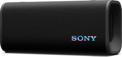 Altoparlante Bluetooth portatile Sony ULT Field 3 nero, corpo cilindrico rivestito in tessuto a rete con estremità in plastica opaca e logo cangiante sulla griglia, vista di tre quarti anteriore destra