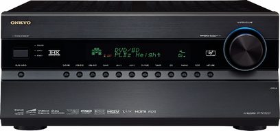 Onkyo TX-NR3007 sort hjemmebiografsforstærker, front med blå display, knapper og drejeknapper, set forfra