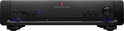 Parasound Halo P5 sort forstærker, frontvisning, sort front med knapper, drejeknap og blå stik