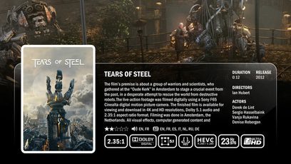 Filmomslagsbillede "Tears of Steel" med robotter og videnskabsfolk, tekniske oplysninger, visuelle effekter og tilgængelige opløsninger