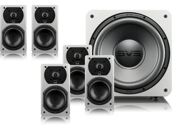 Pack di altoparlanti SVS Prime 5.1 bianco lucido, 6 diffusori da scaffale attorno a un subwoofer, su sfondo bianco