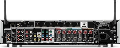Marantz NR1606 sort hjemmebiografsforstærker, bagside, analog og digital lyd/video-tilslutning, FM-antenne, højttalerstik