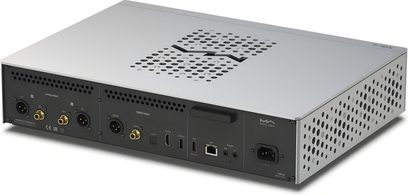 Võrguaudio mängija Matrix Audio MS-1c hõbedane, tagantvaade XLR-, RCA-, USB- ja Ethernet-ühendustega