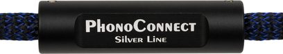 Cavo phono Thorens PhonoConnect PHS 150, vista ravvicinata frontale sul corpo cilindrico in metallo nero opaco con la scritta bianca «PhonoConnect Silver Line», guaina intrecciata nera e blu